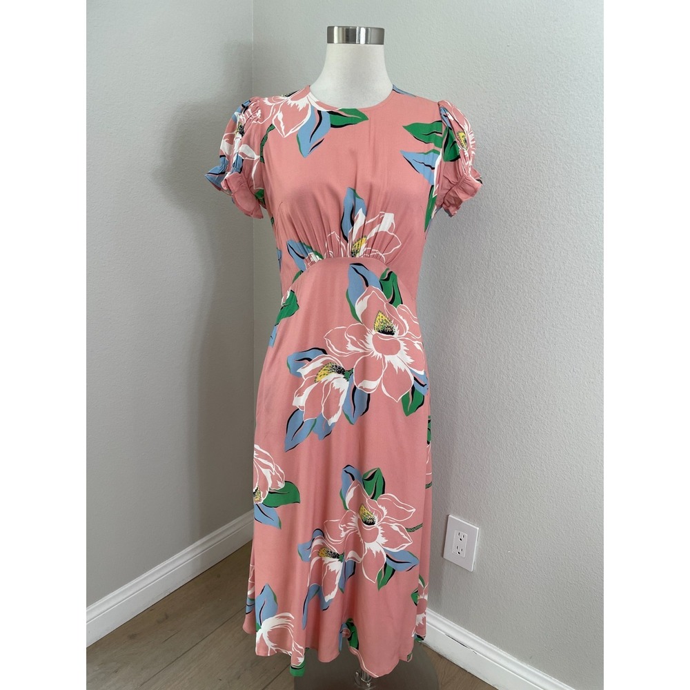 Capulet Womens Medium Georgie Linen Pink Floral Midi‎ Dress Short Sleeve Pockets
